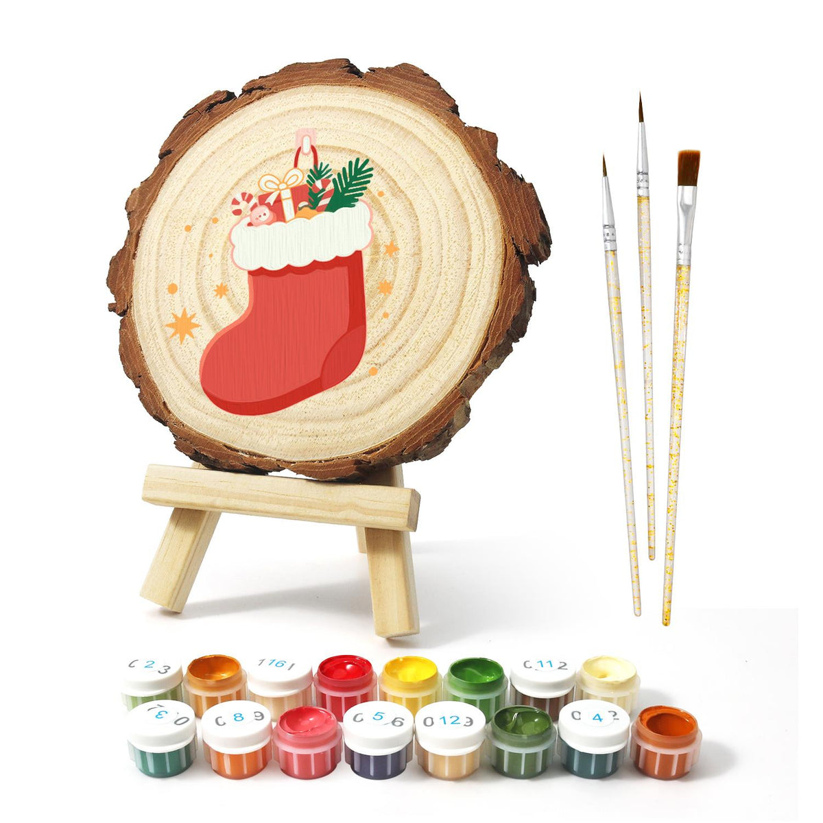 Stocking Stuffed with Gifts paint by numbers wood slice – image 2