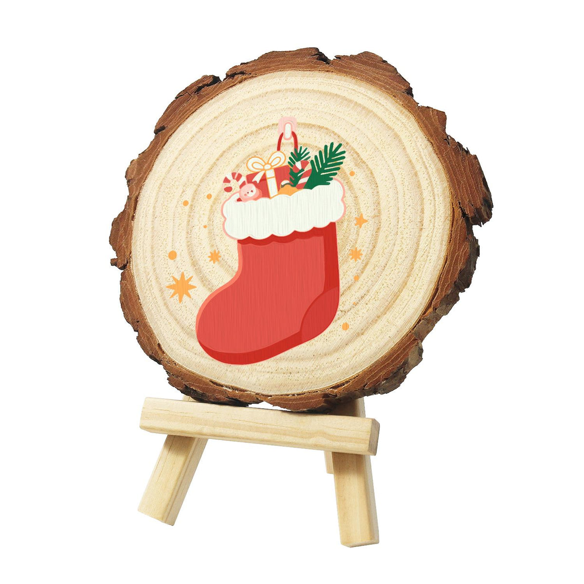 Stocking Stuffed with Gifts paint by numbers wood slice – Red stocking with a white cuff filled with wrapped gifts, a candy cane and evergreen sprigs, painted on a pine slice on a small easel
