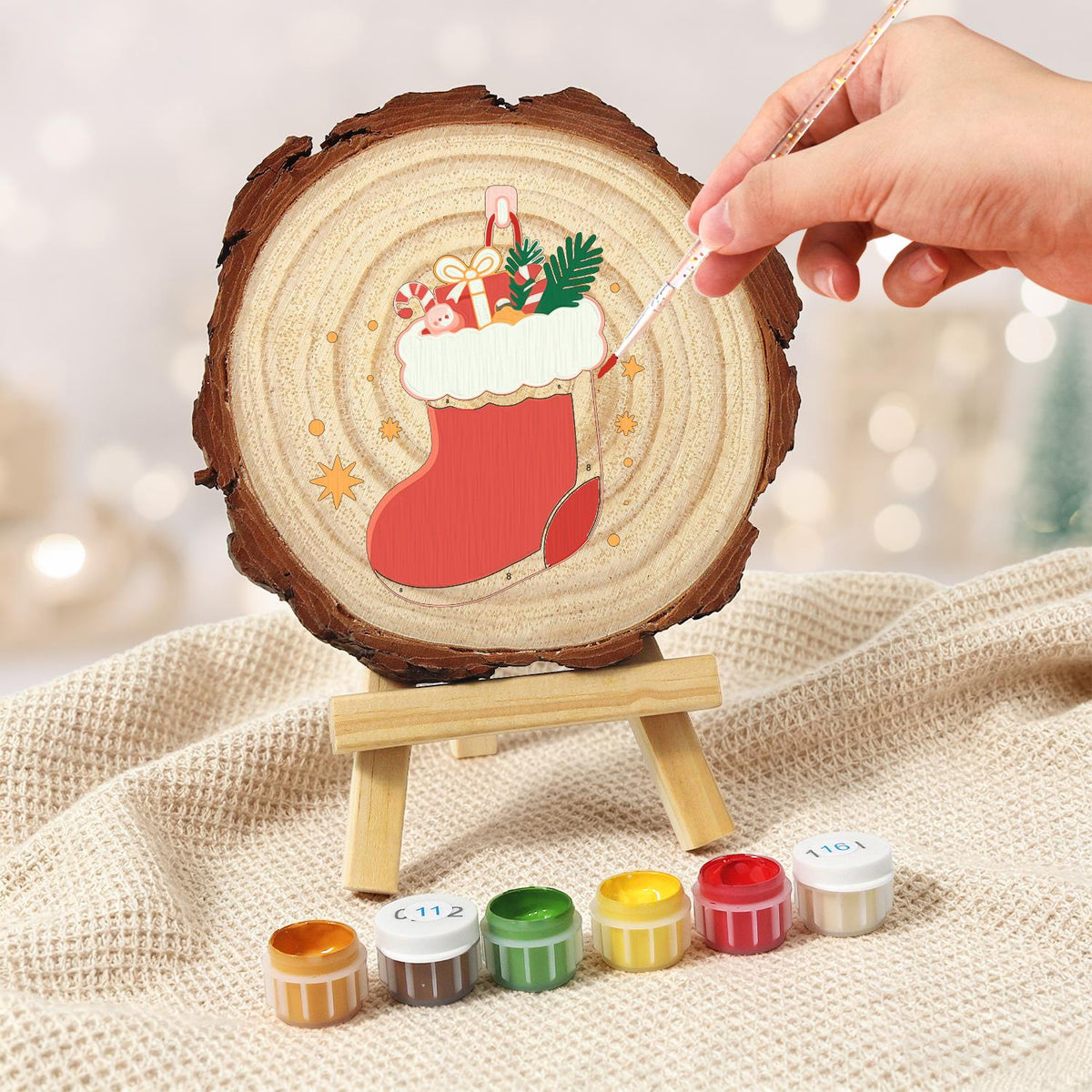 Stocking Stuffed with Gifts paint by numbers wood slice – image 6