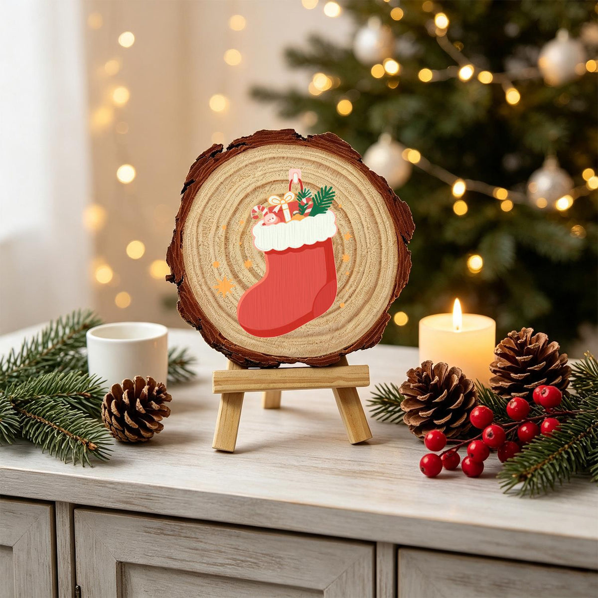Stocking Stuffed with Gifts paint by numbers wood slice – image 20