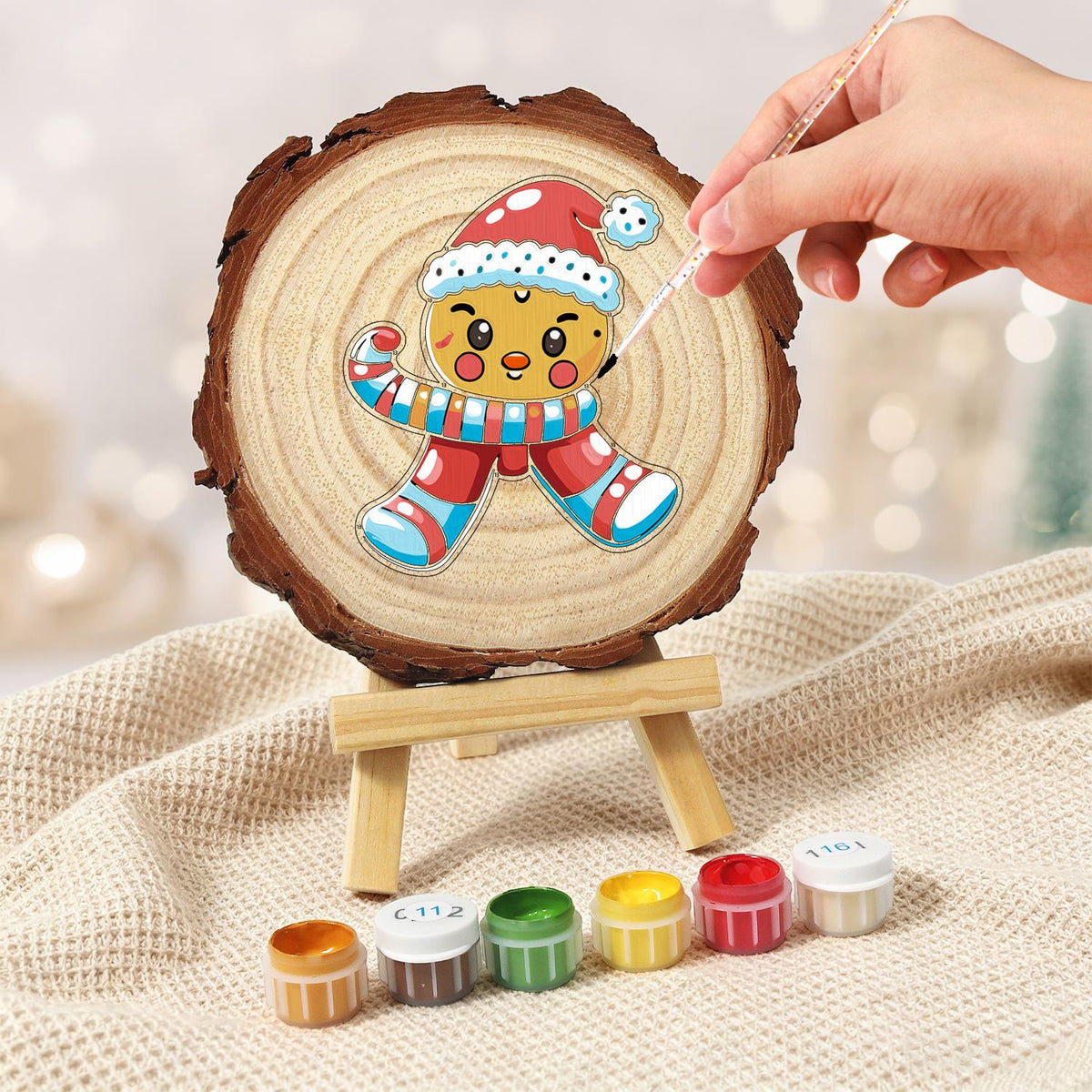 Winking Gingerbread Boy paint by numbers wood slice – image 5