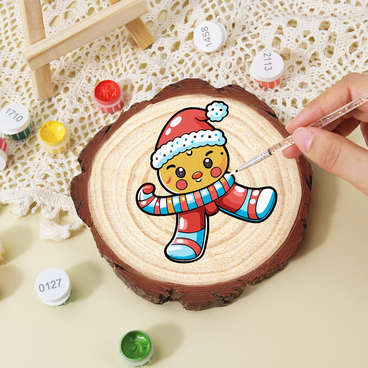 Winking Gingerbread Boy paint by numbers wood slice – image 15