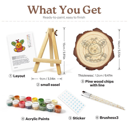 Holly Berry Gingerbread in a Cup paint by numbers wood slice – what's in the kit: the pine slice, easel, numbered paints, brushes and layout sheet