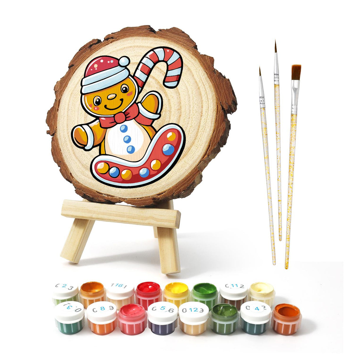 Gingerbread Kid on a Candy Sled paint by numbers wood slice – image 2