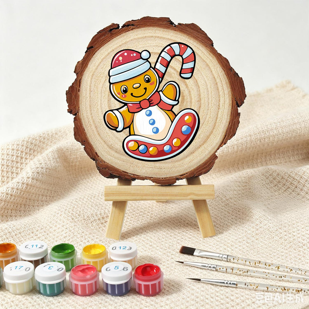 Gingerbread Kid on a Candy Sled paint by numbers wood slice – image 4