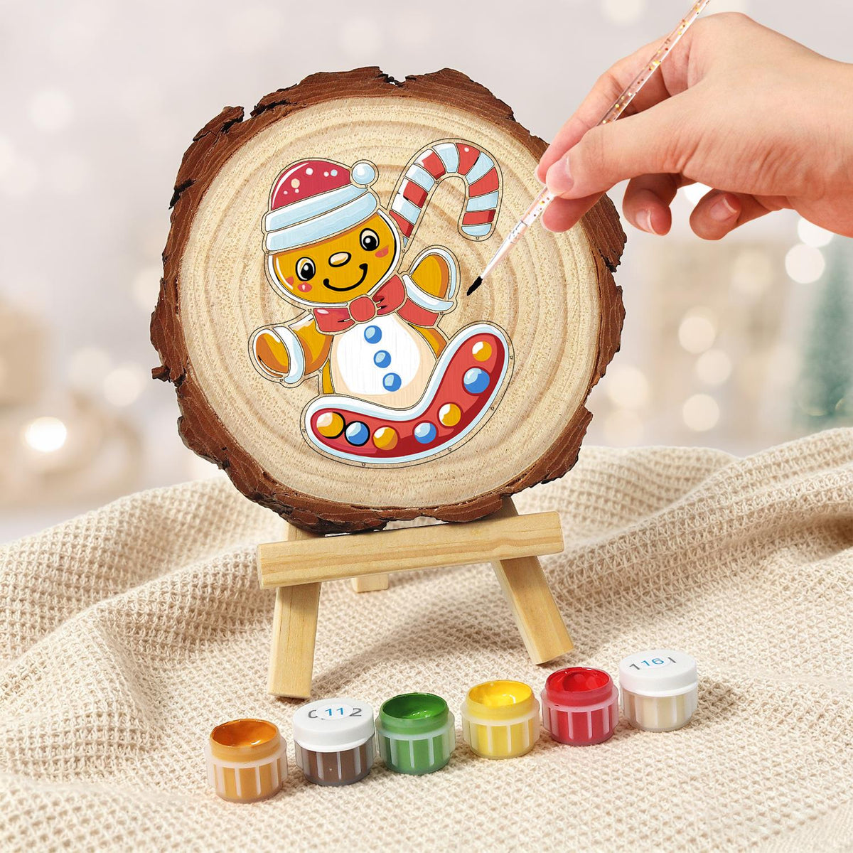 Gingerbread Kid on a Candy Sled paint by numbers wood slice – image 5