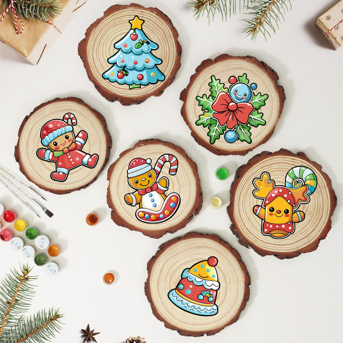Gingerbread Kid on a Candy Sled paint by numbers wood slice – image 10