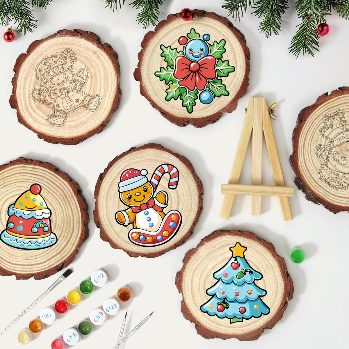 Gingerbread Kid on a Candy Sled paint by numbers wood slice – image 11