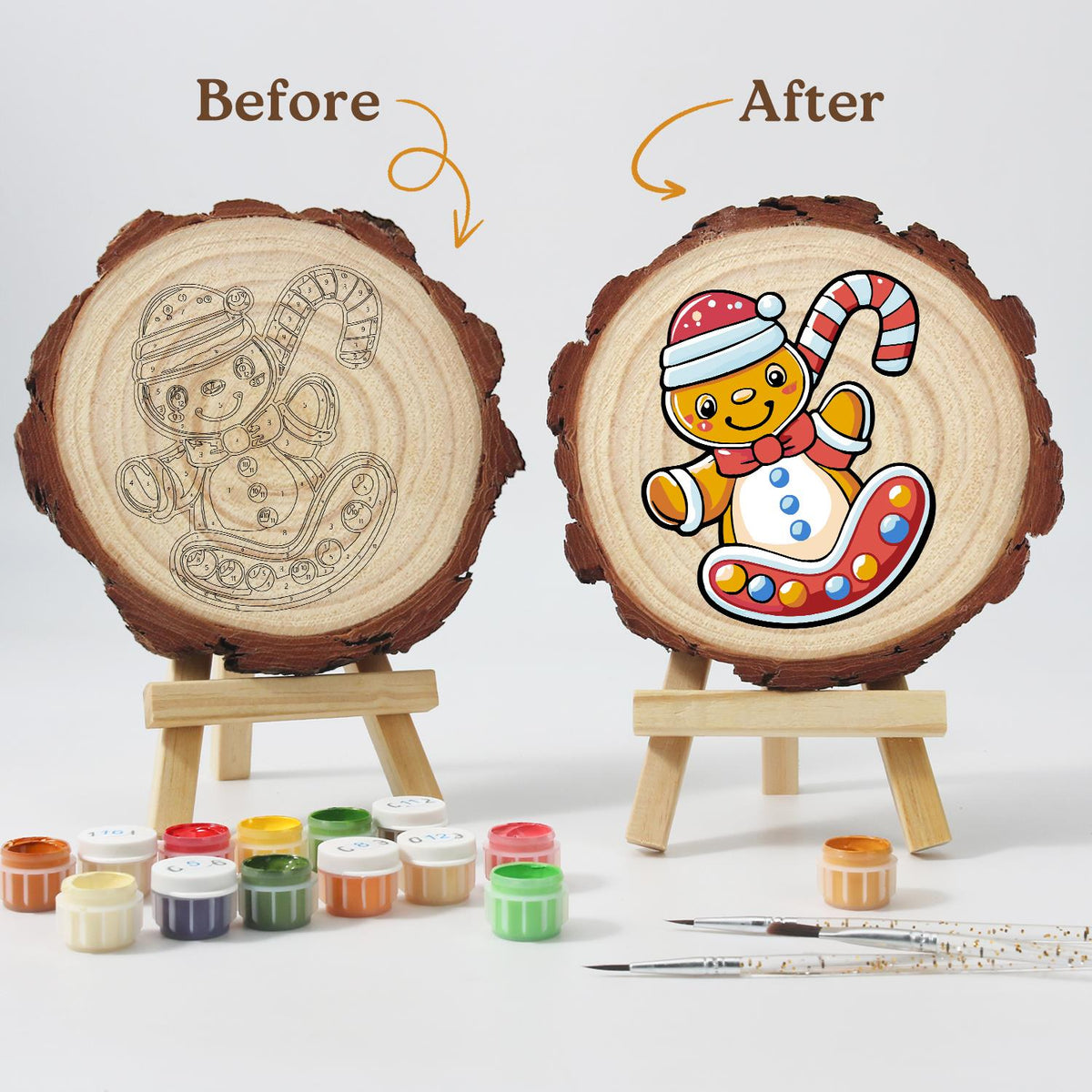 Gingerbread Kid on a Candy Sled paint by numbers wood slice – image 12
