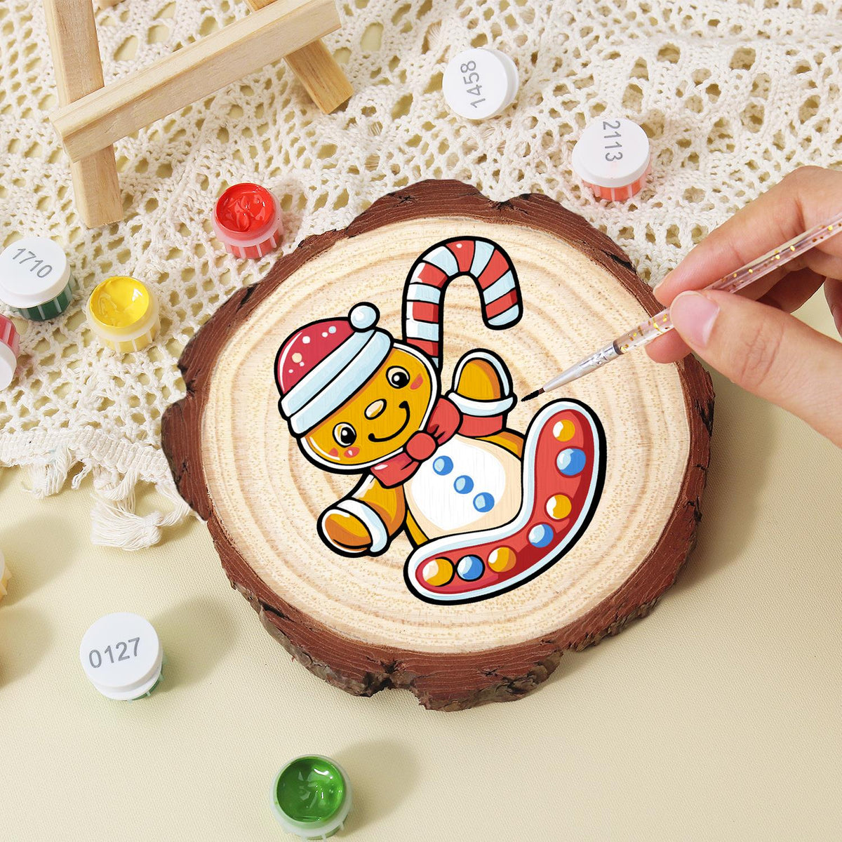 Gingerbread Kid on a Candy Sled paint by numbers wood slice – image 15