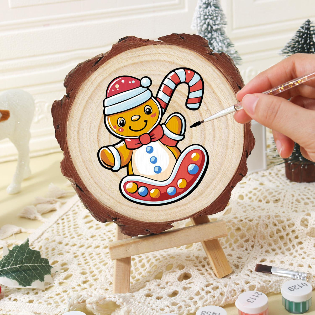 Gingerbread Kid on a Candy Sled paint by numbers wood slice – image 16