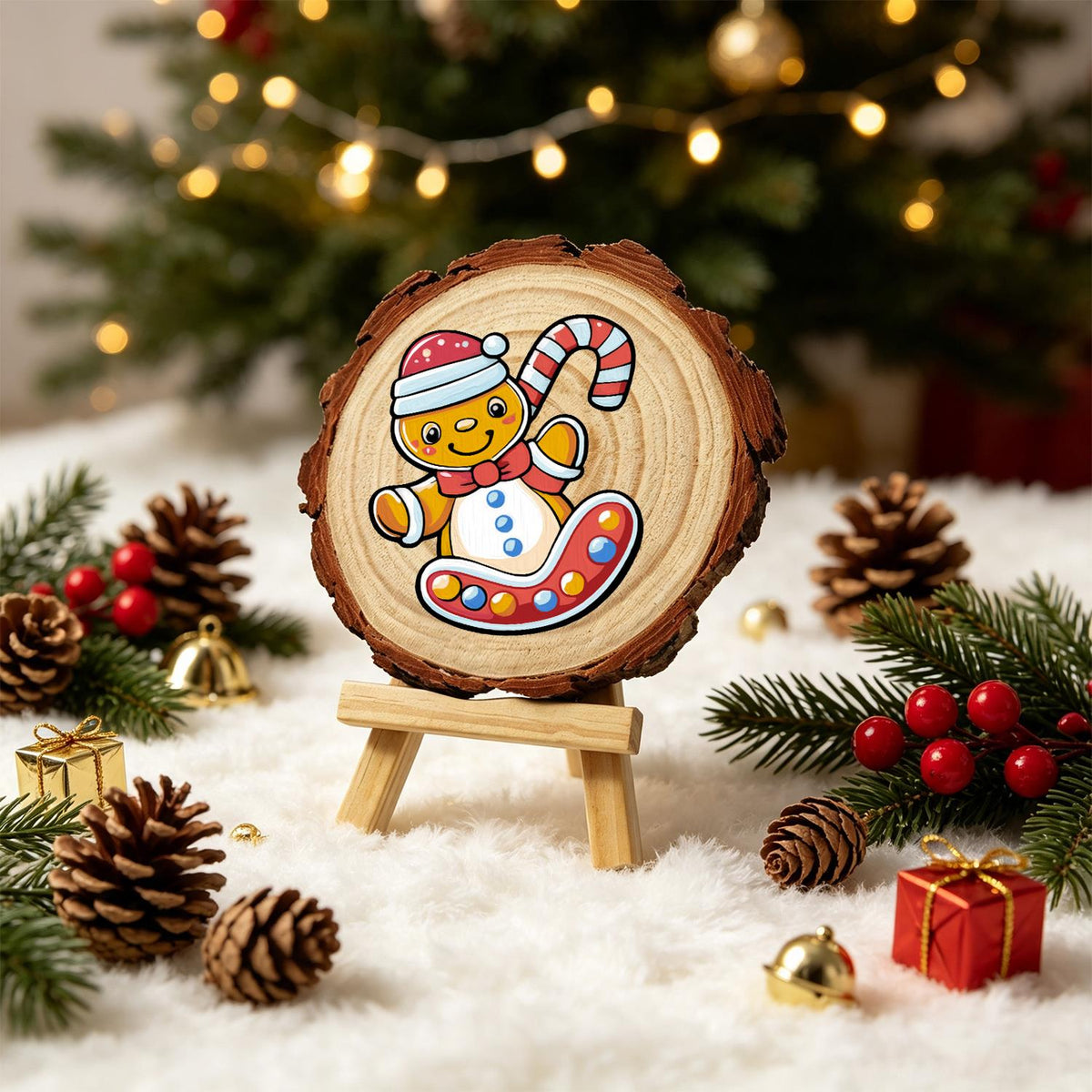 Gingerbread Kid on a Candy Sled paint by numbers wood slice – image 21