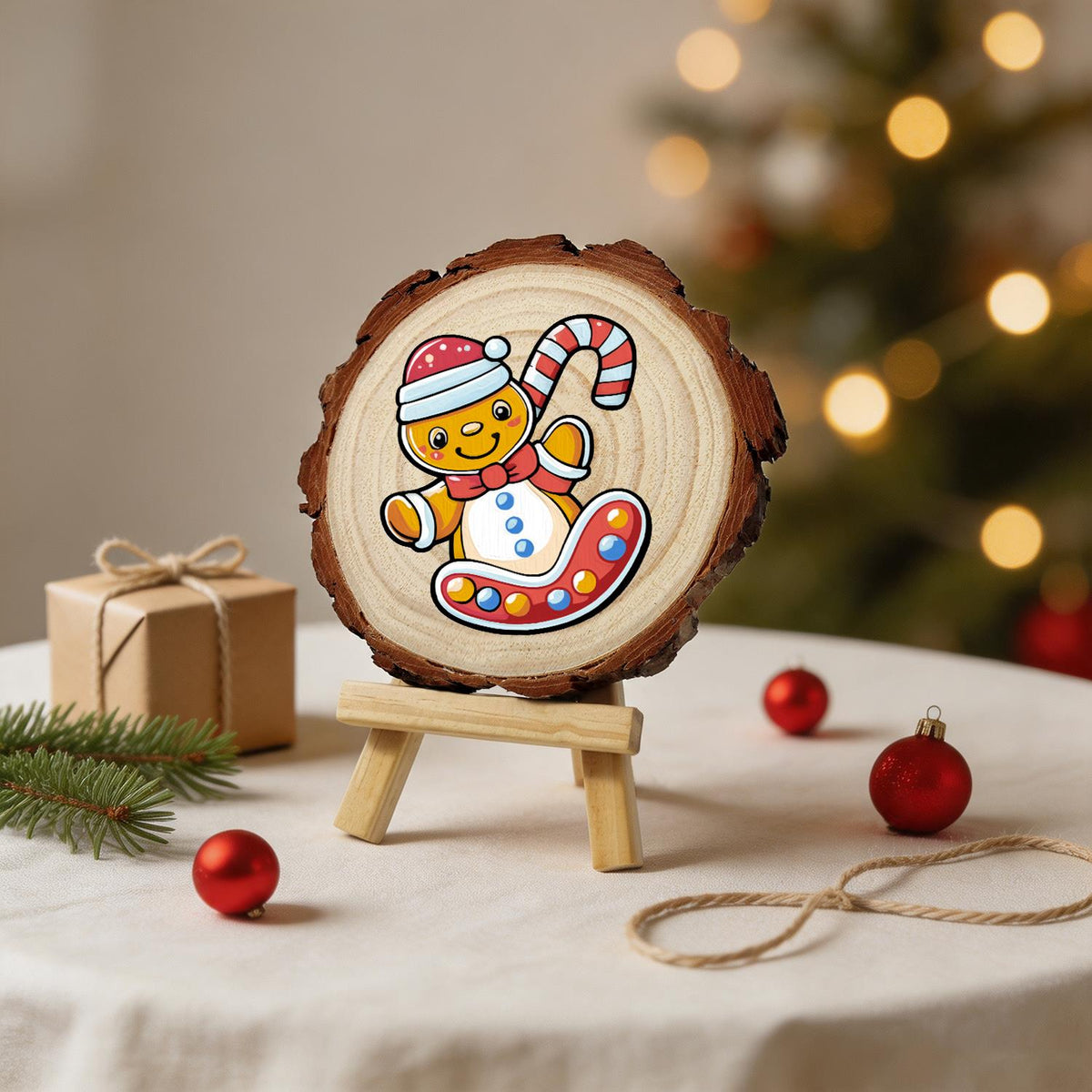 Gingerbread Kid on a Candy Sled paint by numbers wood slice – image 24