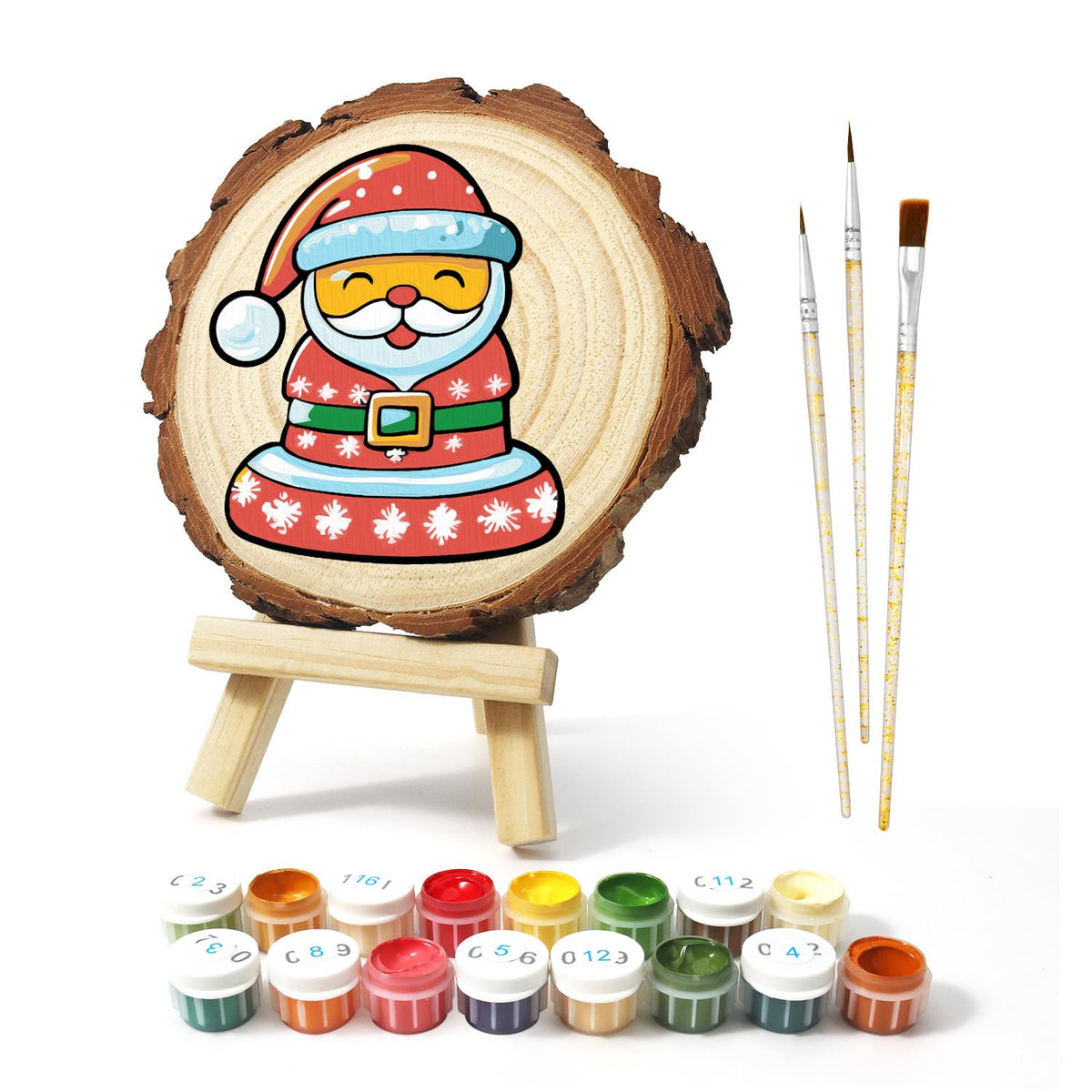 Jolly Santa in a Snowflake Coat paint by numbers wood slice – image 2