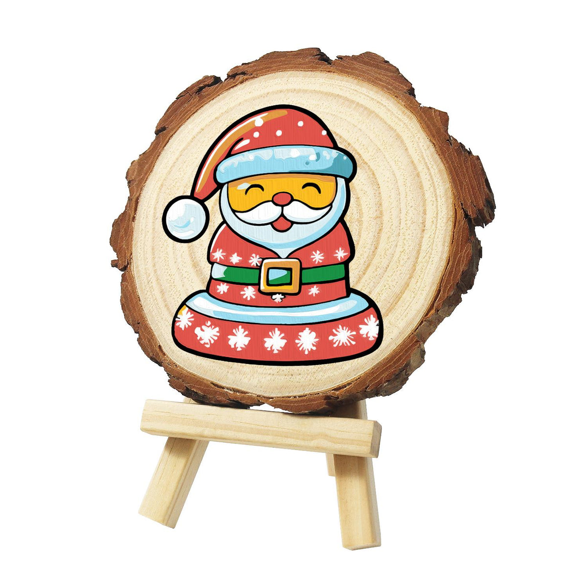 Jolly Santa in a Snowflake Coat paint by numbers wood slice – Smiling Santa with closed eyes and white beard in a red coat with a green belt and snowflake hem, painted on a pine slice on a small easel