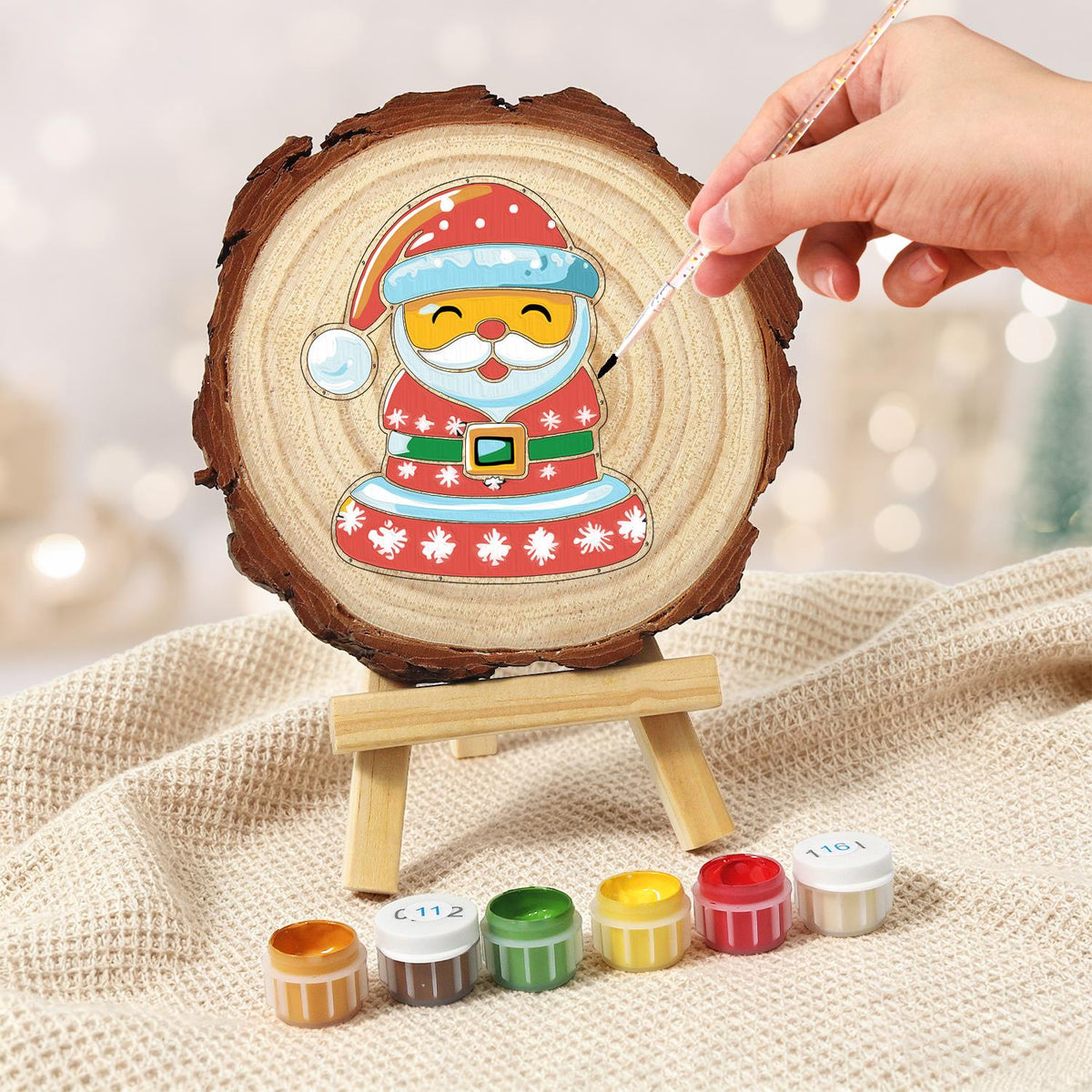 Jolly Santa in a Snowflake Coat paint by numbers wood slice – image 5