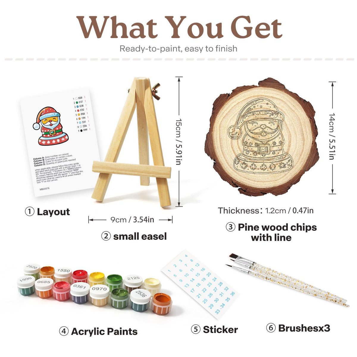 Jolly Santa in a Snowflake Coat paint by numbers wood slice – what's in the kit: the pine slice, easel, numbered paints, brushes and layout sheet