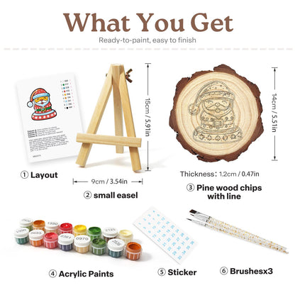 Jolly Santa in a Snowflake Coat paint by numbers wood slice – what's in the kit: the pine slice, easel, numbered paints, brushes and layout sheet