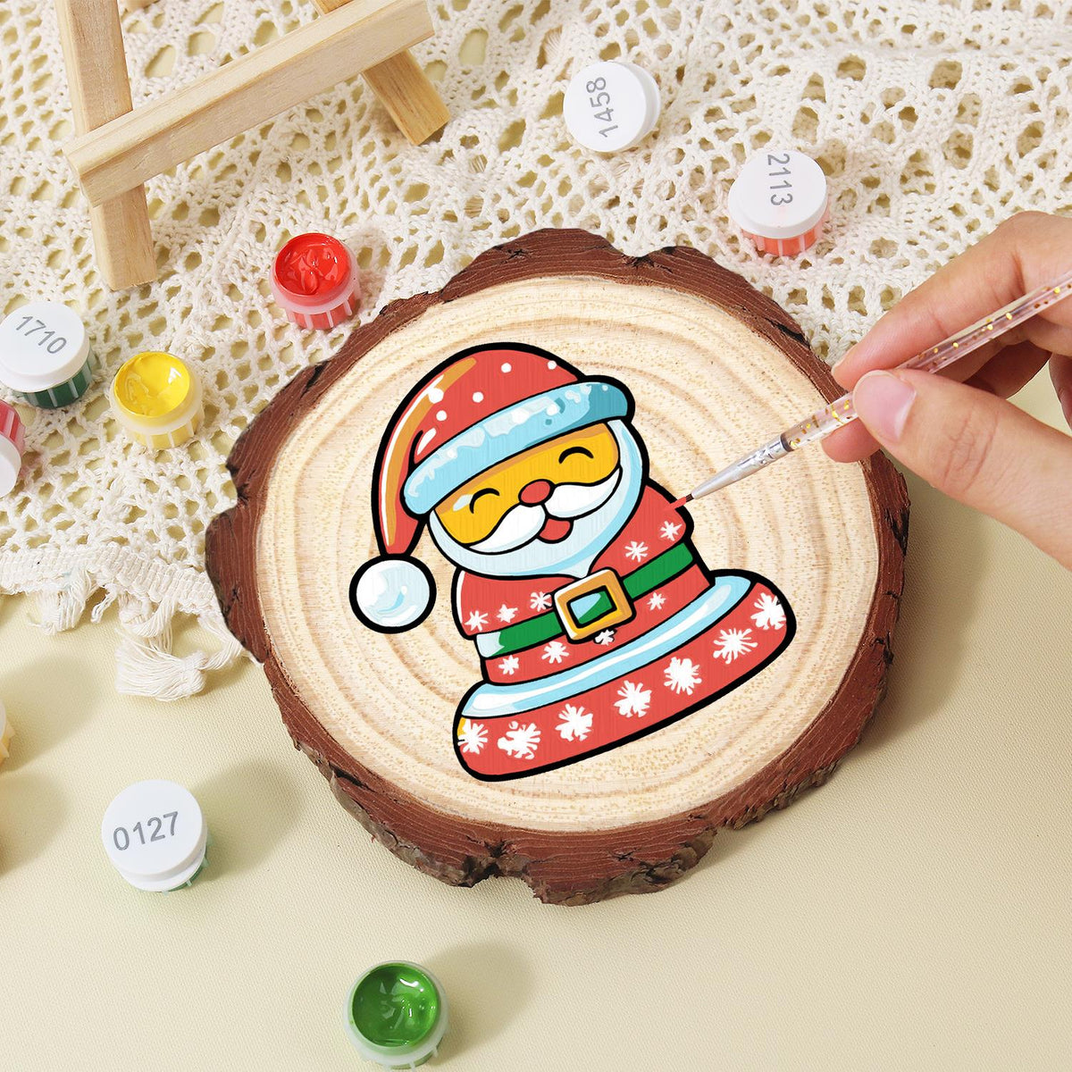 Jolly Santa in a Snowflake Coat paint by numbers wood slice – image 15