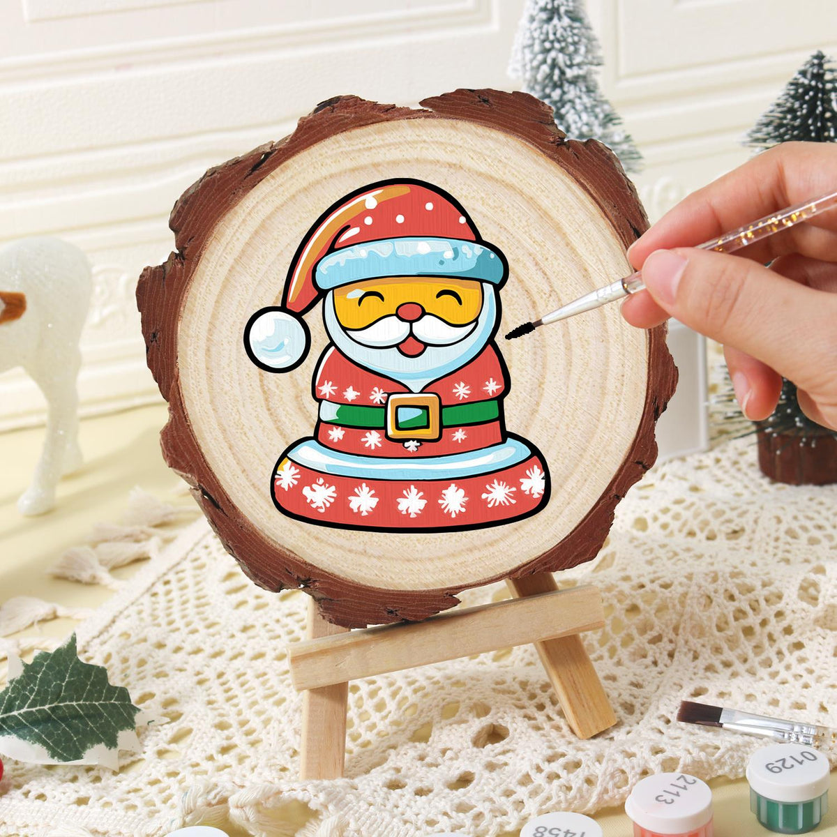 Jolly Santa in a Snowflake Coat paint by numbers wood slice – image 16