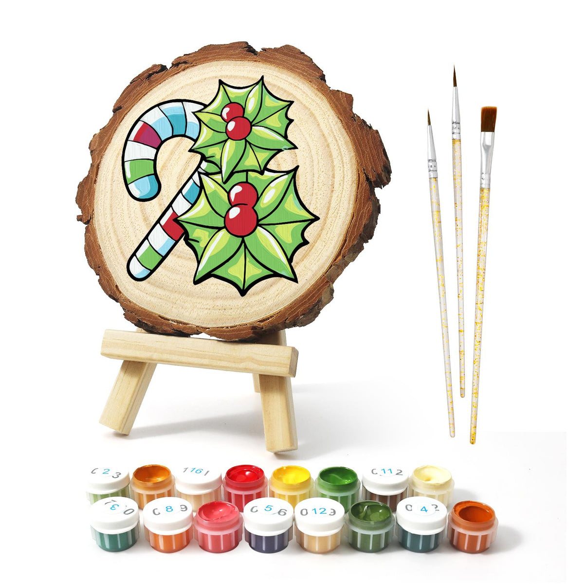 Striped Candy Cane with Holly paint by numbers wood slice – image 2