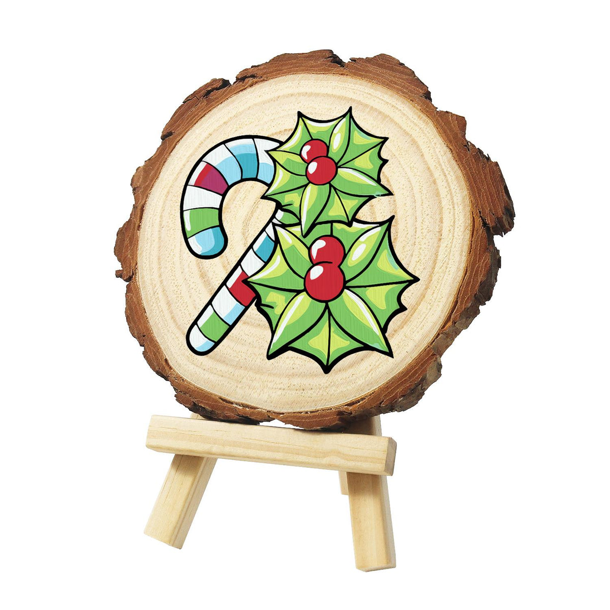 Striped Candy Cane with Holly paint by numbers wood slice – Red, white and green striped candy cane beside two sprigs of holly with red berries, painted on a pine slice on a small easel