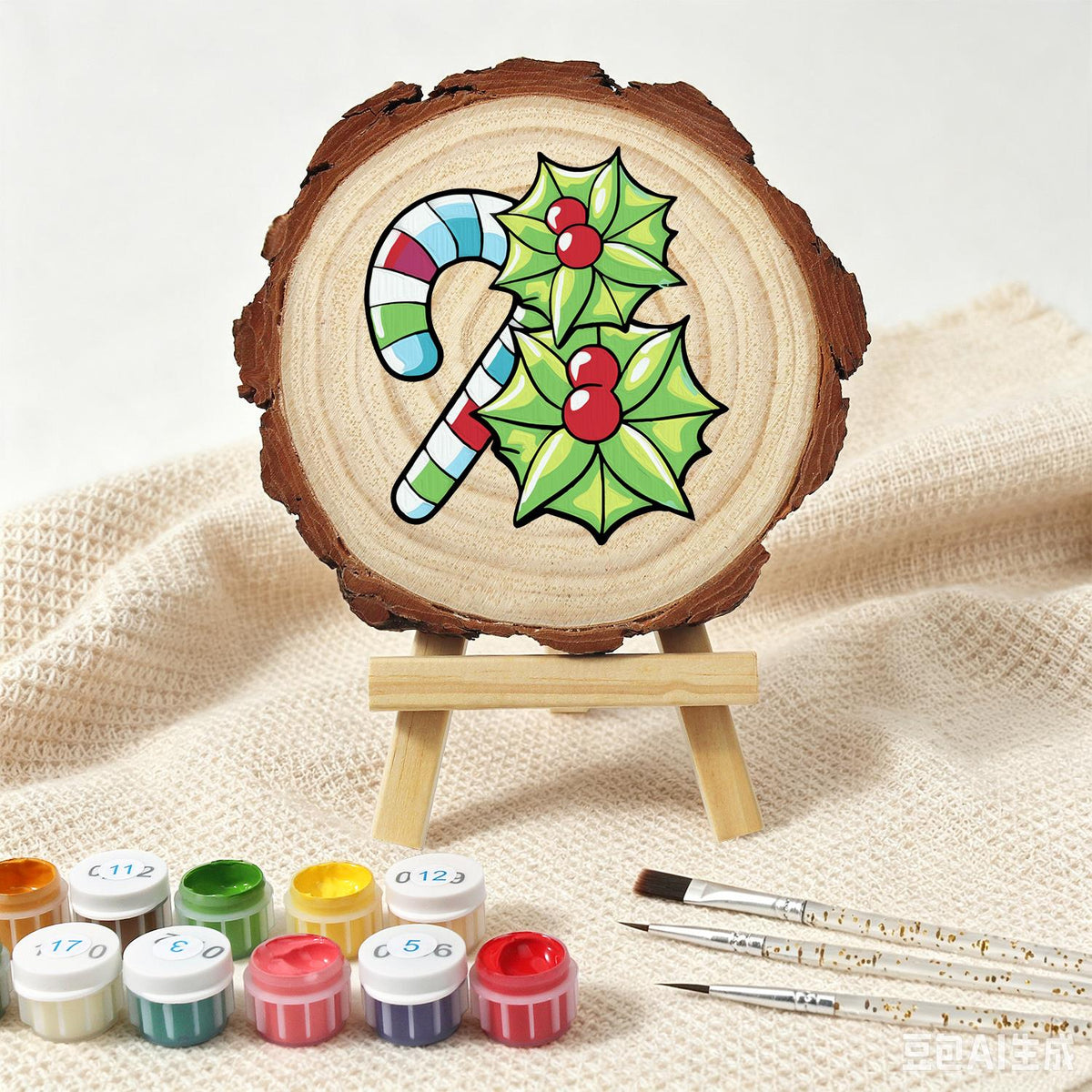 Striped Candy Cane with Holly paint by numbers wood slice – image 4