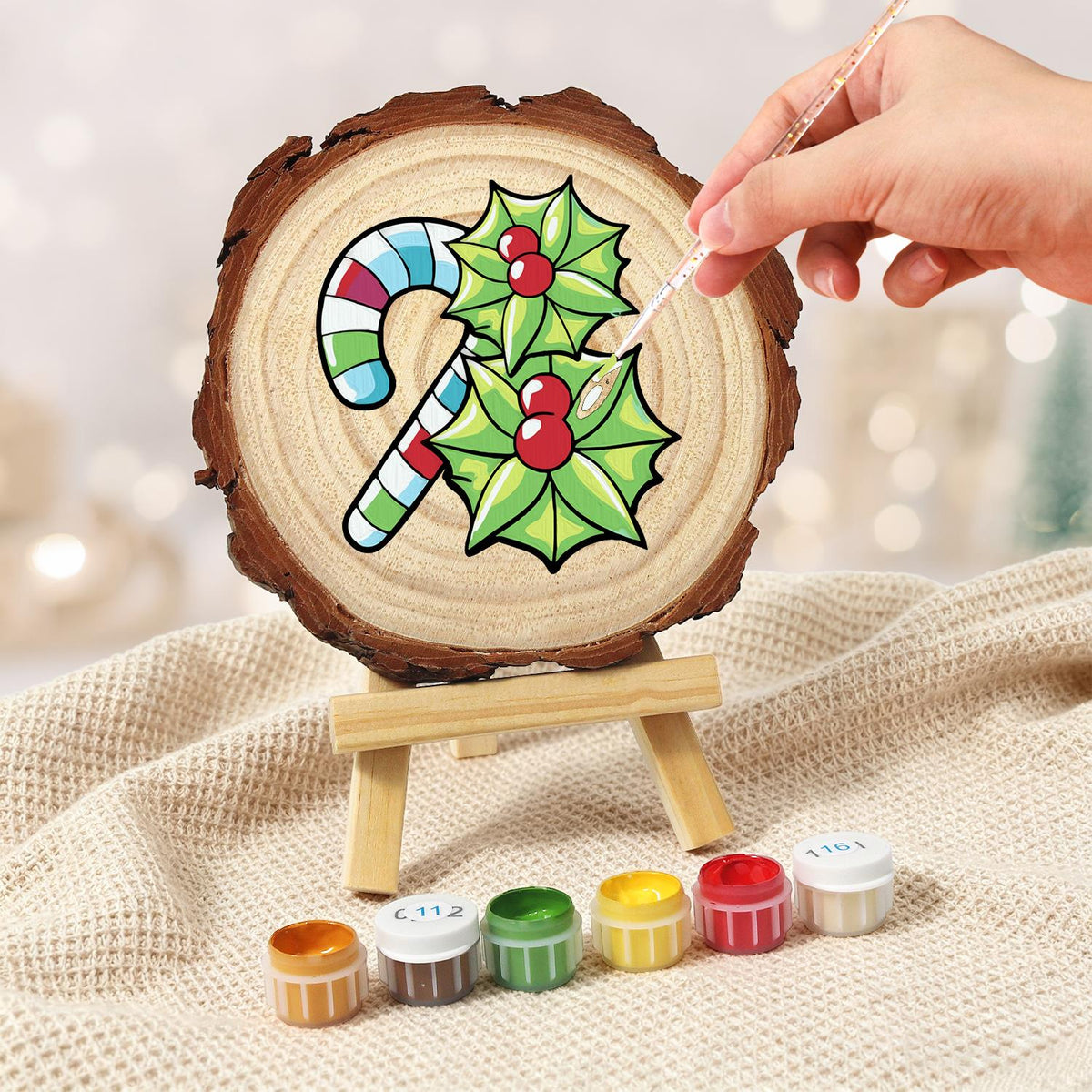 Striped Candy Cane with Holly paint by numbers wood slice – image 5