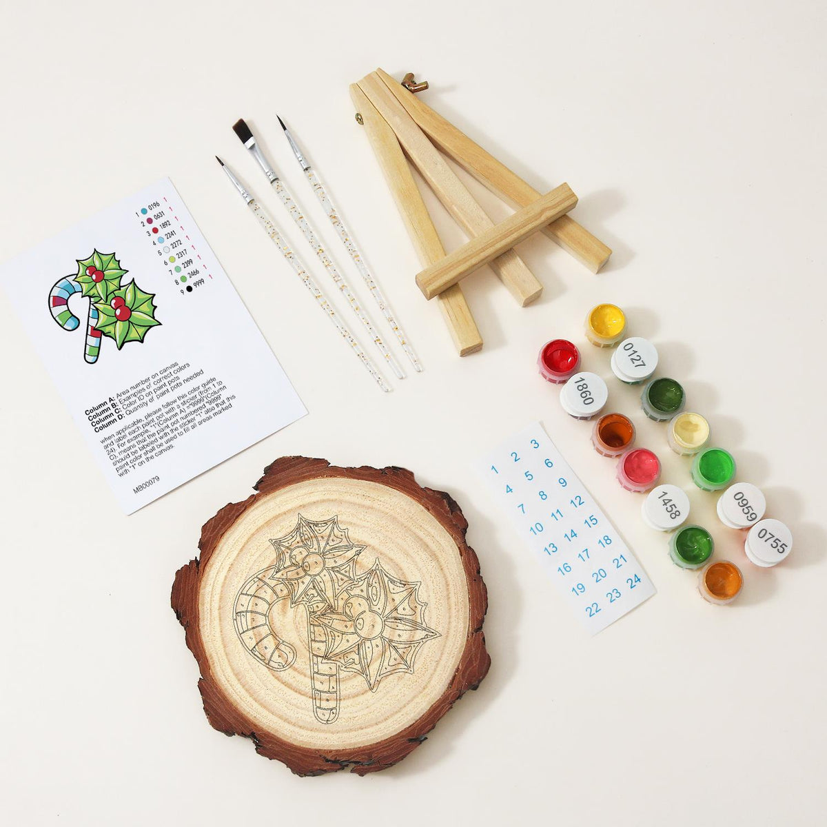 Striped Candy Cane with Holly paint by numbers wood slice – image 8