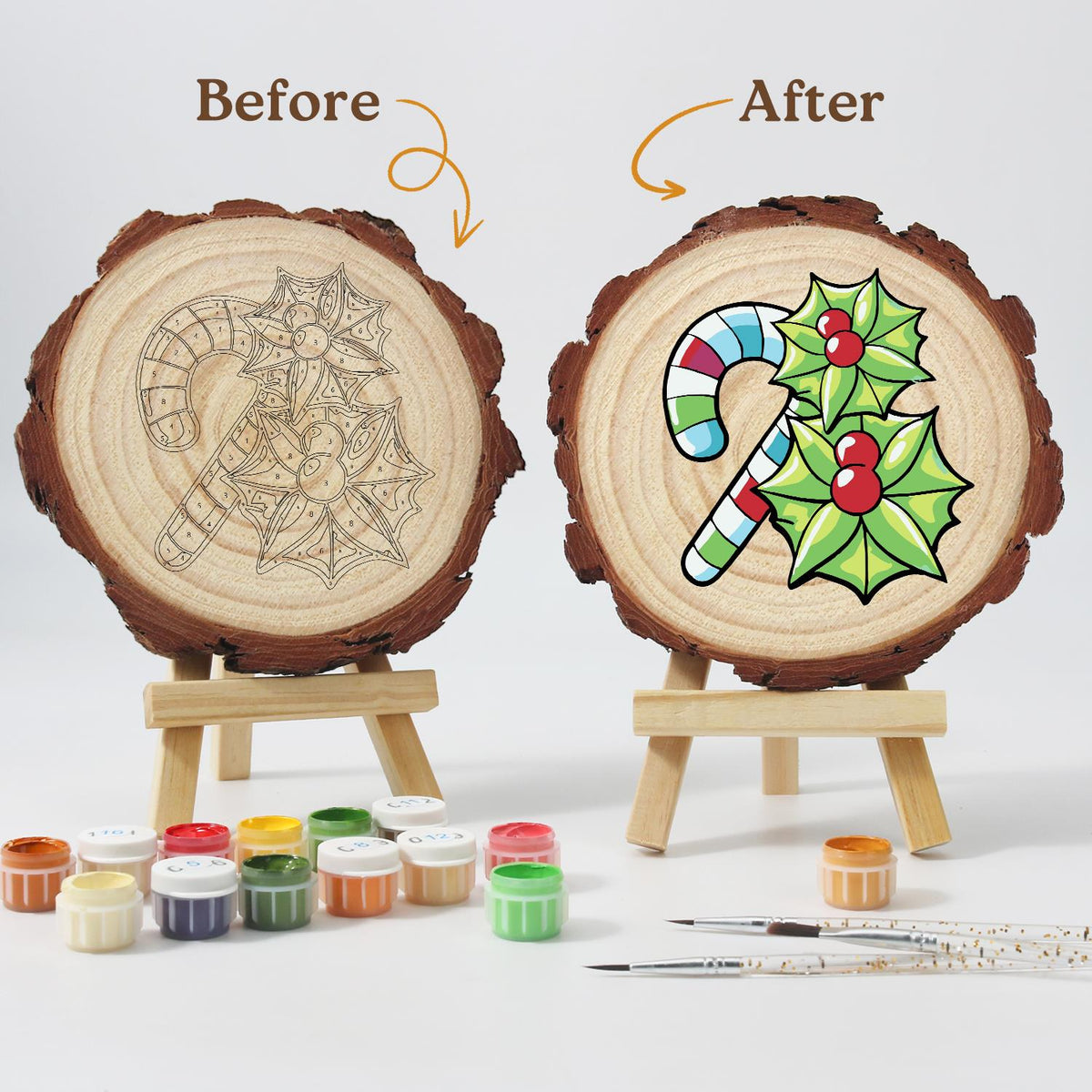 Striped Candy Cane with Holly paint by numbers wood slice – image 12