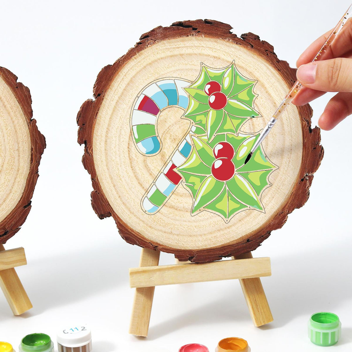 Striped Candy Cane with Holly paint by numbers wood slice – image 13