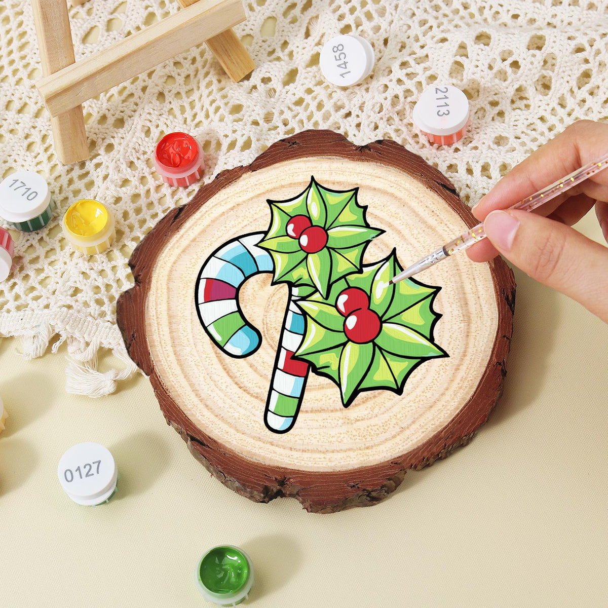 Striped Candy Cane with Holly paint by numbers wood slice – image 15