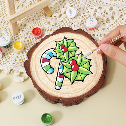 Striped Candy Cane with Holly paint by numbers wood slice – image 15