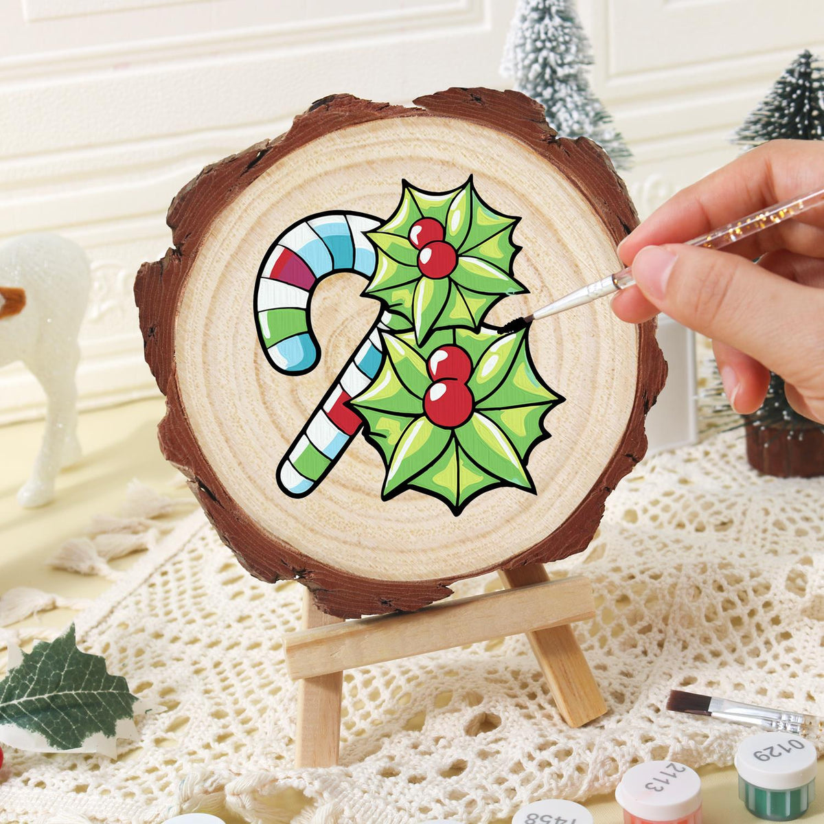 Striped Candy Cane with Holly paint by numbers wood slice – image 16
