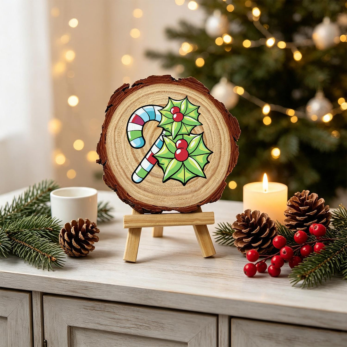 Striped Candy Cane with Holly paint by numbers wood slice – image 19