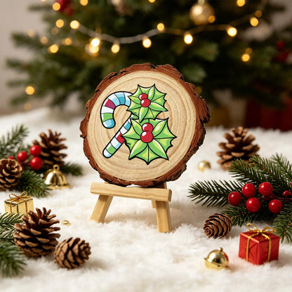 Striped Candy Cane with Holly paint by numbers wood slice – image 21