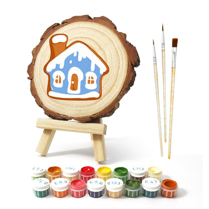 Snowy Blue Gingerbread House paint by numbers wood slice – image 2