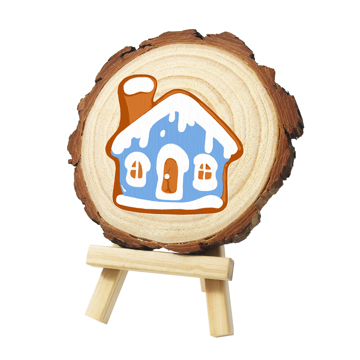 Snowy Blue Gingerbread House paint by numbers wood slice – image 3
