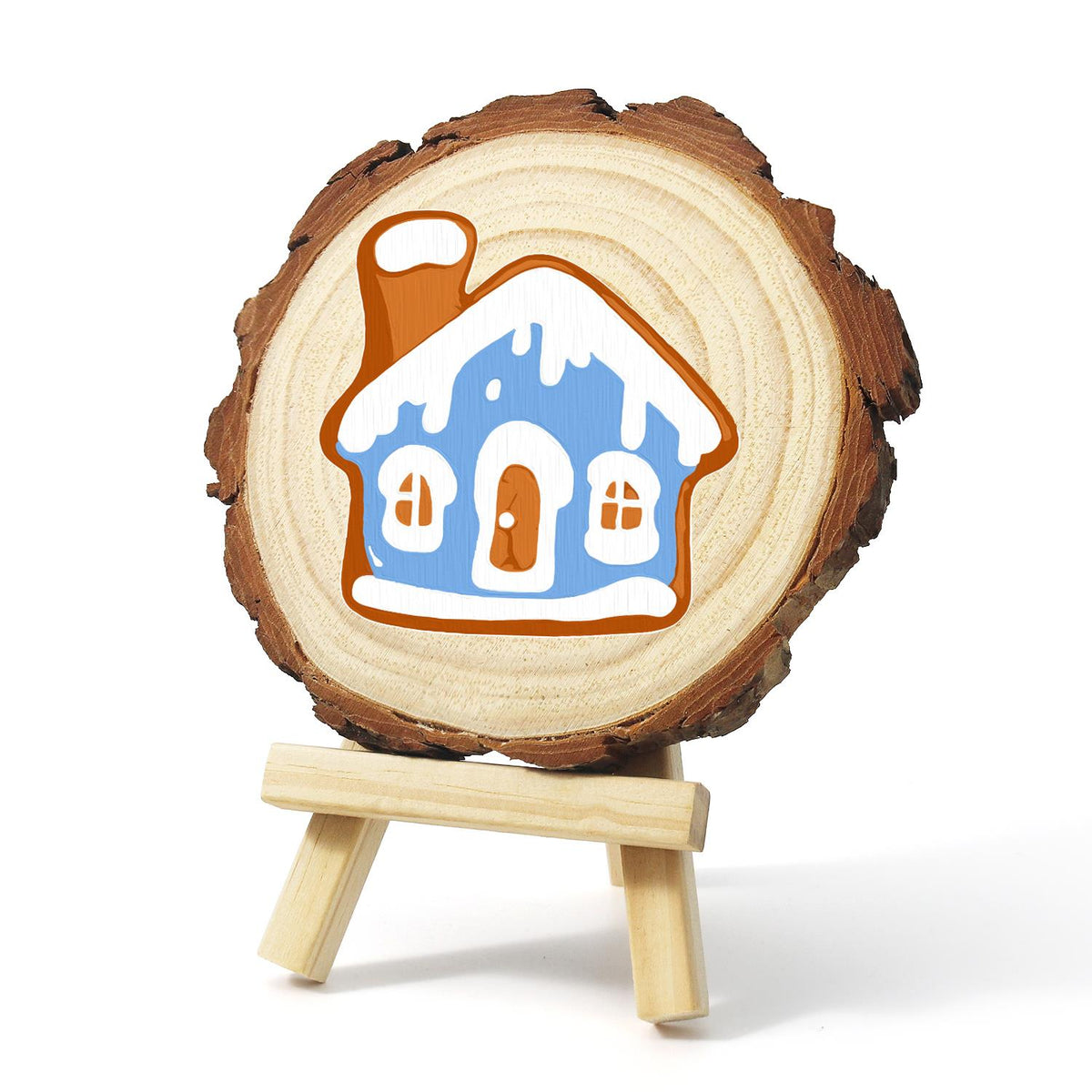 Snowy Blue Gingerbread House paint by numbers wood slice – image 4