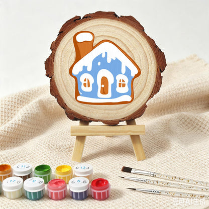 Snowy Blue Gingerbread House paint by numbers wood slice – image 5