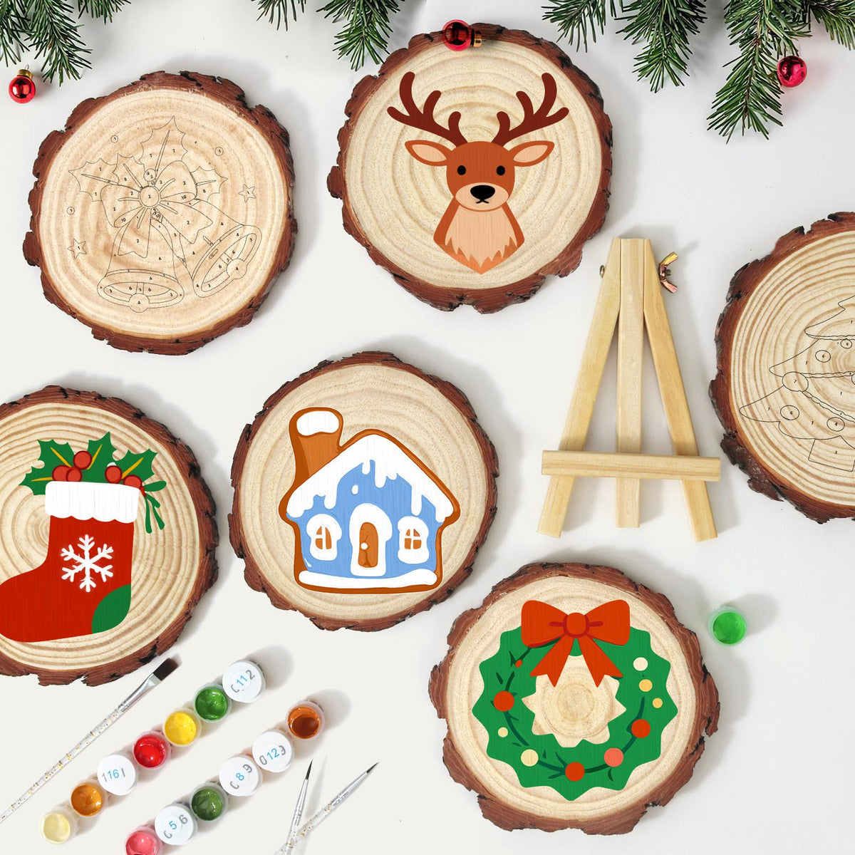 Snowy Blue Gingerbread House paint by numbers wood slice – image 12