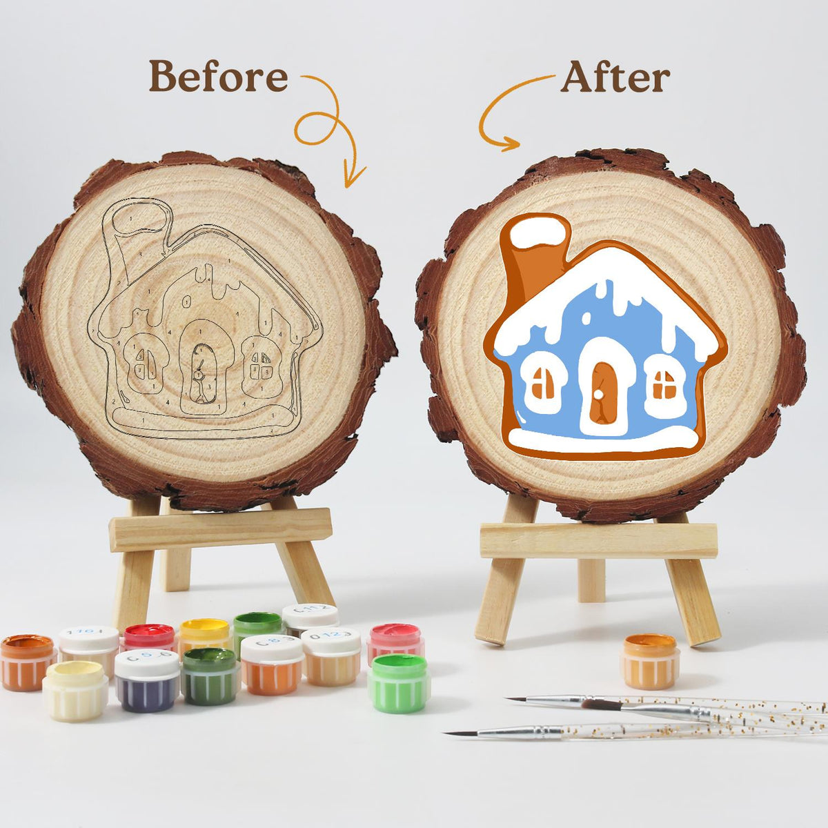 Snowy Blue Gingerbread House paint by numbers wood slice – image 13