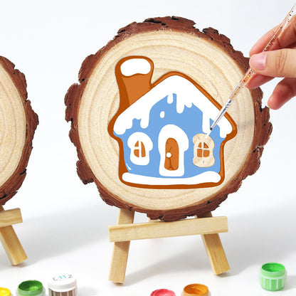 Snowy Blue Gingerbread House paint by numbers wood slice – image 14