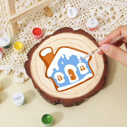 Snowy Blue Gingerbread House paint by numbers wood slice – image 16