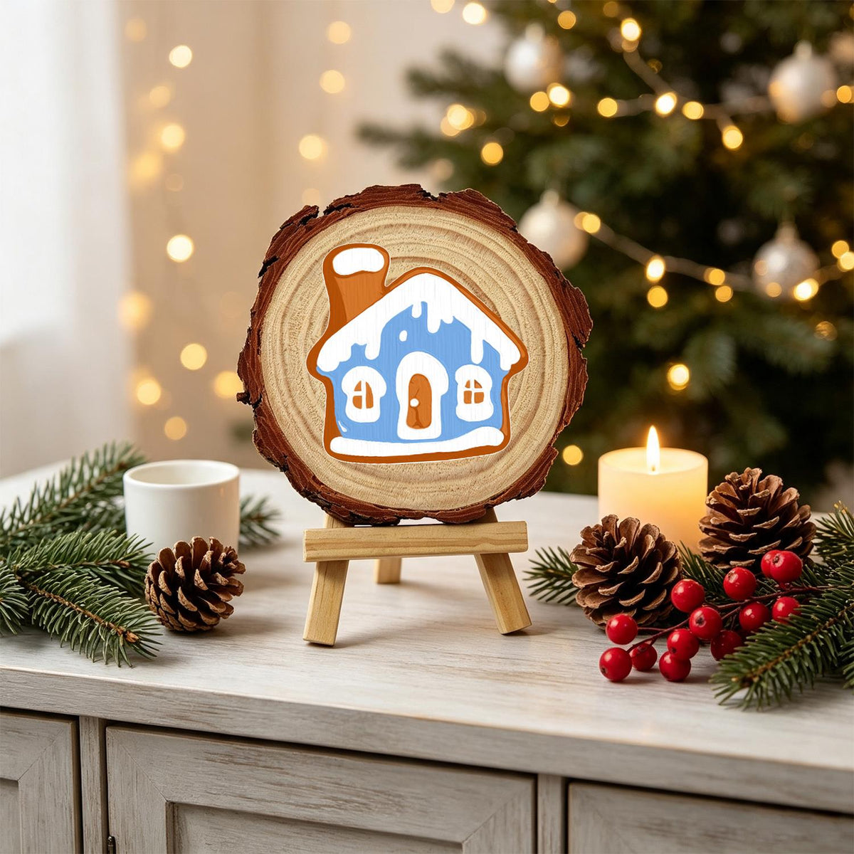 Snowy Blue Gingerbread House paint by numbers wood slice – image 20