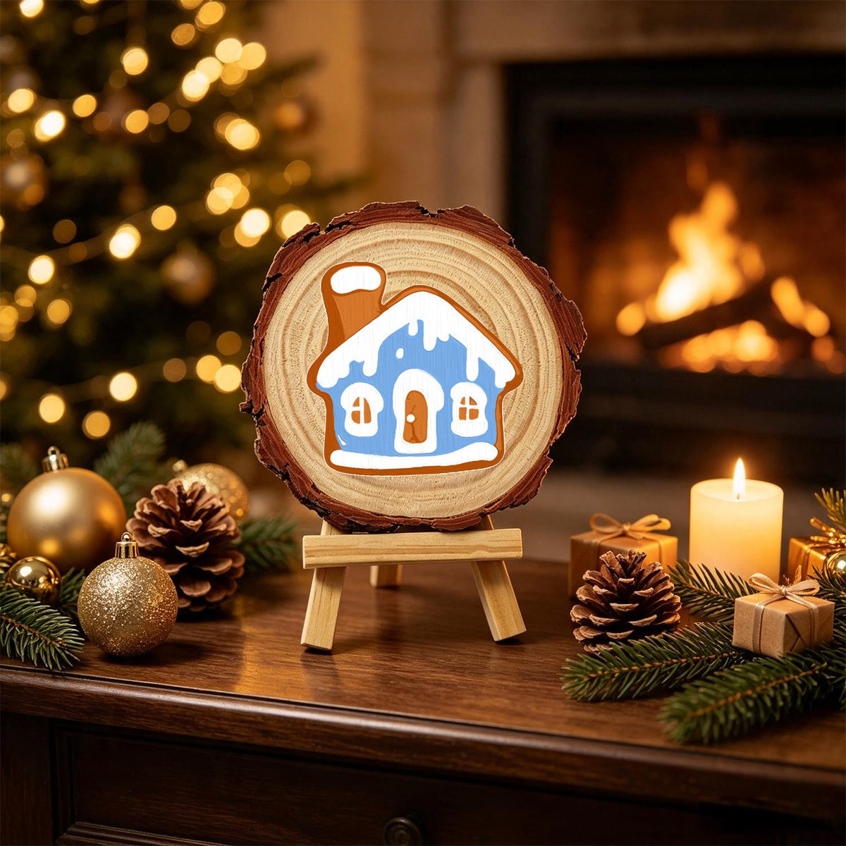 Snowy Blue Gingerbread House paint by numbers wood slice – image 21