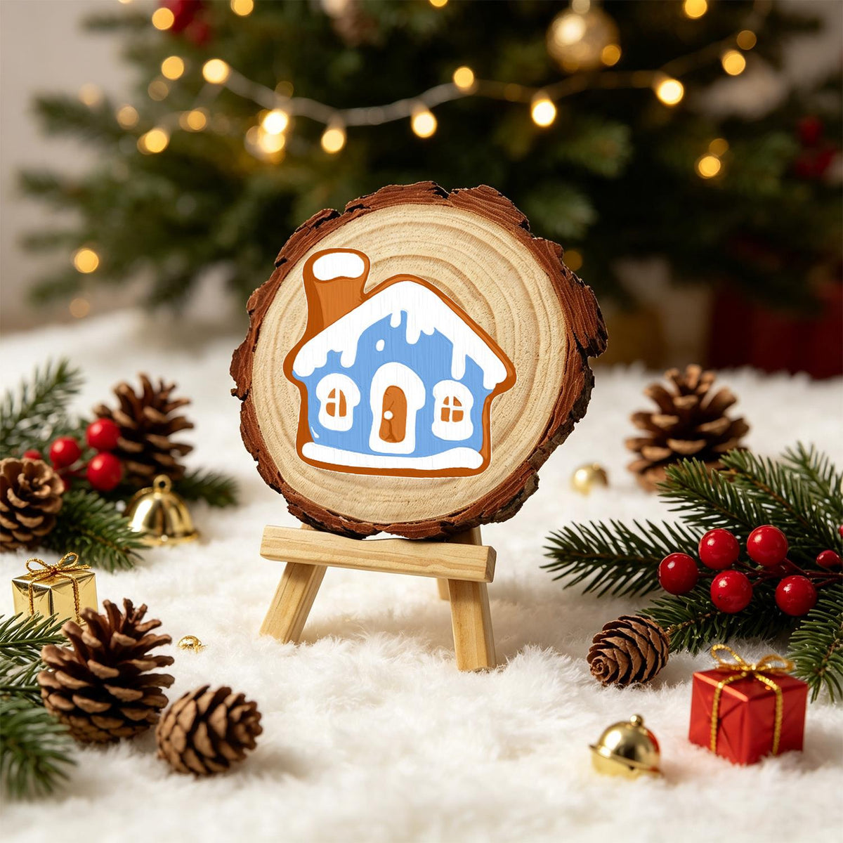 Snowy Blue Gingerbread House paint by numbers wood slice – image 22