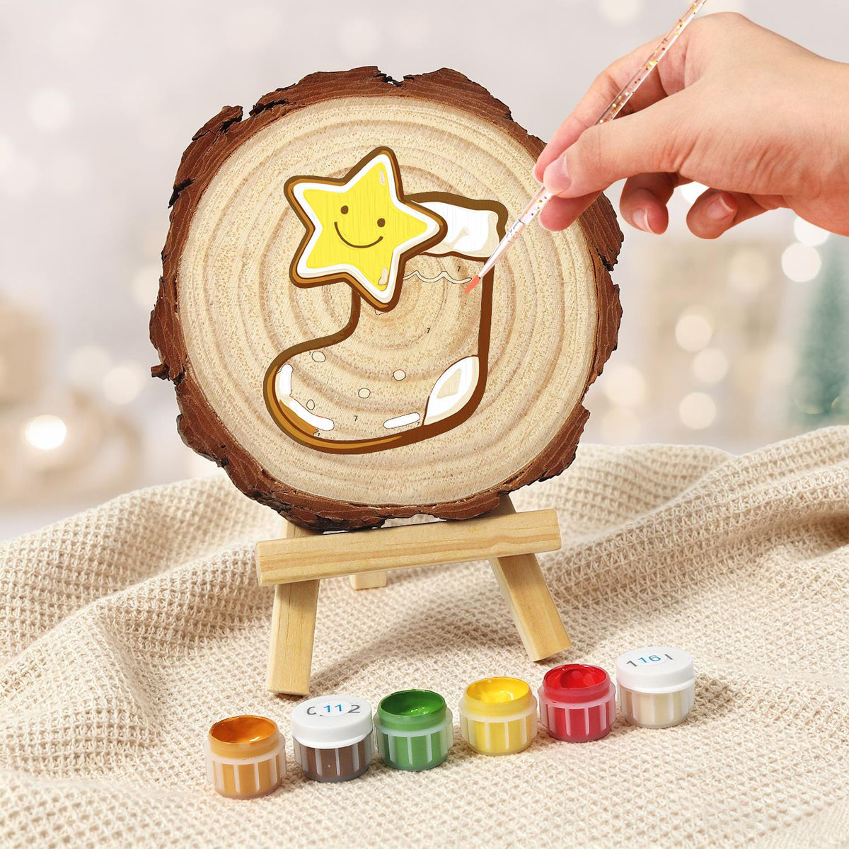 Smiling Star in a Red Stocking paint by numbers wood slice – image 6