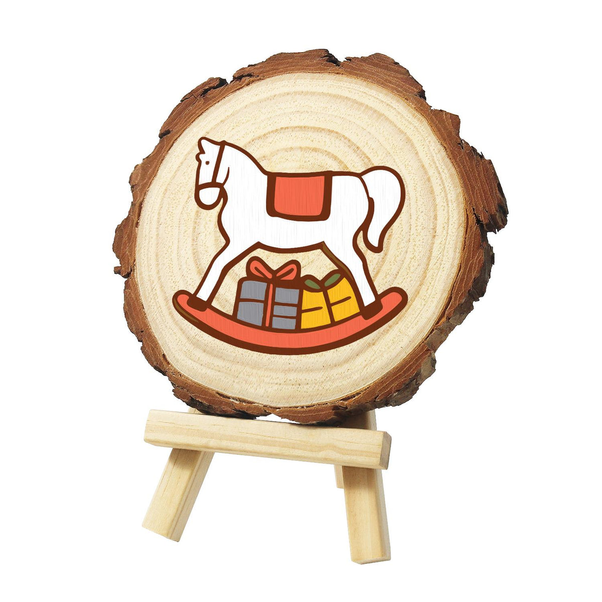White Rocking Horse with Gifts paint by numbers wood slice – White rocking horse with a red saddle blanket and grey and yellow wrapped gifts on its red rocker, painted on a pine slice on a small easel