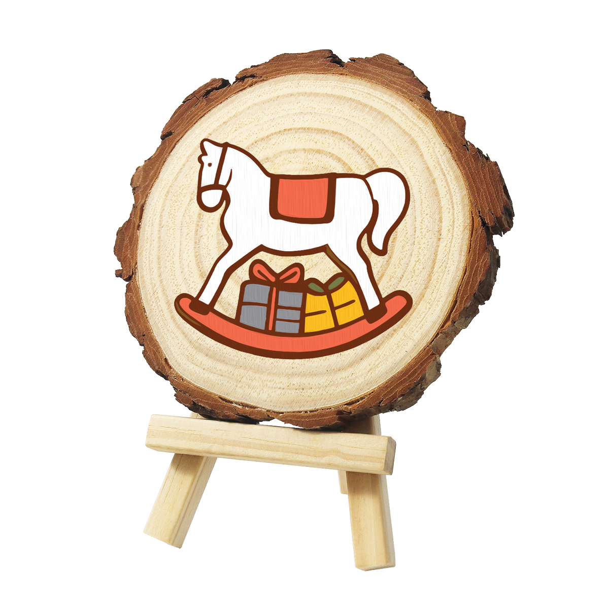 White Rocking Horse with Gifts paint by numbers wood slice – image 3